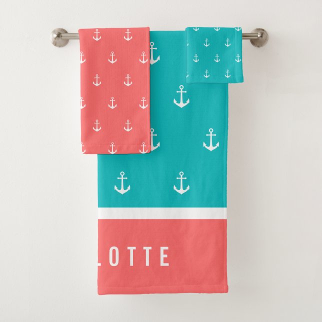 Custom Colours Nautical Anchor Bath Towel Set (Insitu)