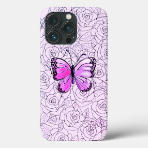 Custom Colours - Pink Purple Butterfly and Roses iPhone 13 Pro Case