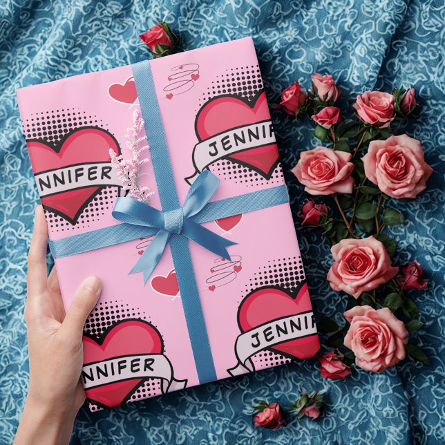 Custom comic book style pink heart gifts  wrapping paper (Creator Uploaded)