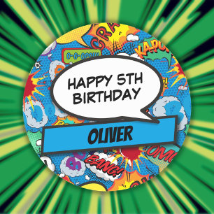 Custom Comic Book Superhero Birthday Party Blue Classic Round Sticker