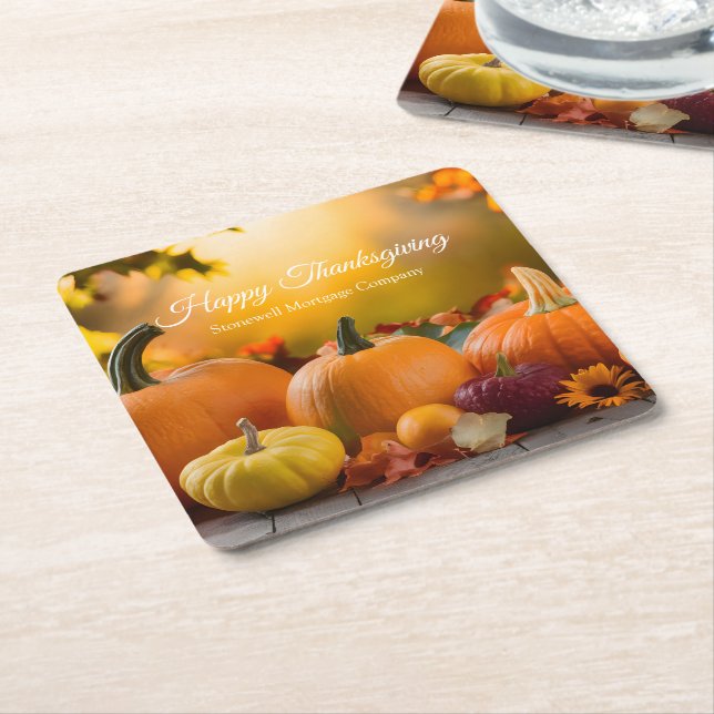 Custom Company Happy Thanksgiving Pumpkin Party Square Paper Coaster (Angled)