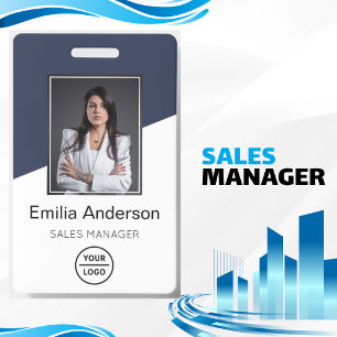 Custom Company Logo Bar Code Employee Photo Blue  ID Badge