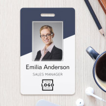 Custom Company Logo Bar Code Employee Photo Blue