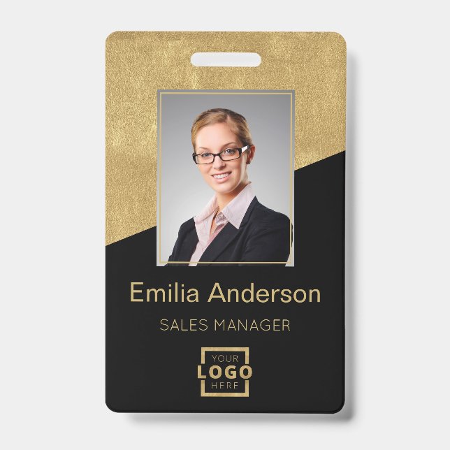 Custom Company Logo Bar Code Employee Photo Gold ID Badge (Front)