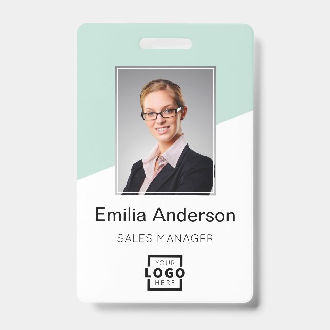 Custom Company Logo Bar Code Employee Photo Mint ID Badge (Front)