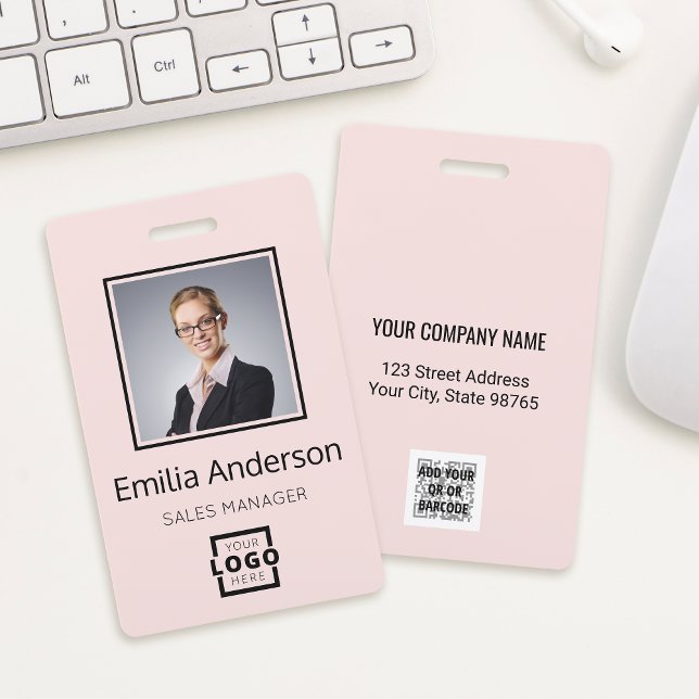 Custom Company Logo Bar Code Employee Photo Pink ID Badge (Creator Uploaded)