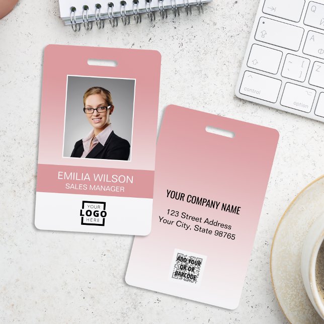 Custom Company Logo Bar Code Employee Photo Pink ID Badge (Creator Uploaded)