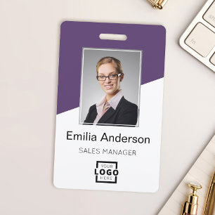 Custom Company Logo Bar Code Employee Photo Purple ID Badge