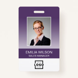 Custom Company Logo Bar Code Employee Photo Purple ID Badge