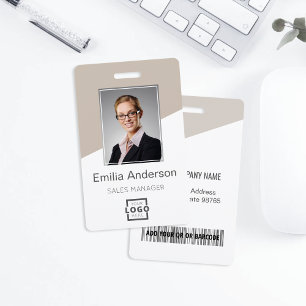 Custom Company Logo Bar Code Employee Photo Taupe ID Badge