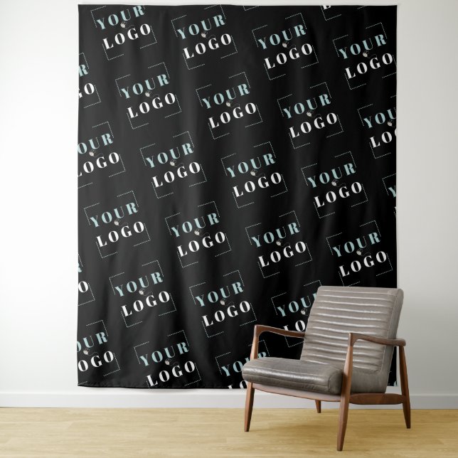 Custom Company Logo Diagonal Repeat Black Backdrop Tapestry (In Situ)