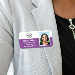 Custom Company Logo Employee Photo Purple Magnetic Name Tag