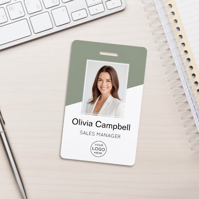 Custom Company Logo Employee Photo Sage Green ID Badge (Creator Uploaded)