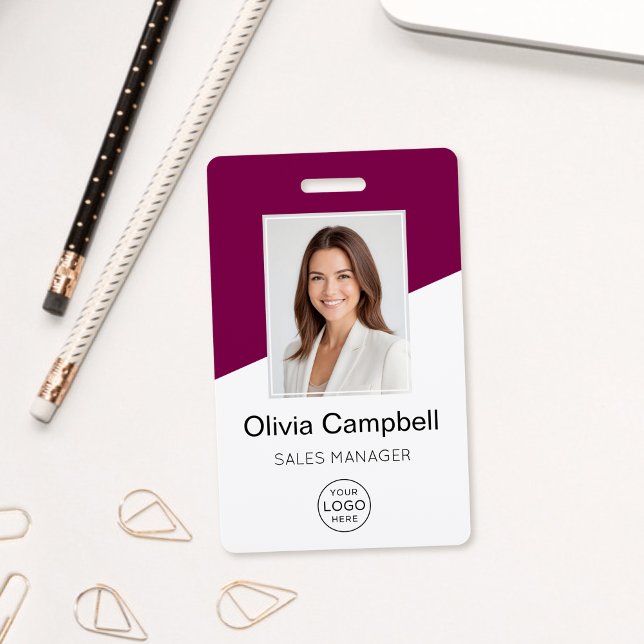 Custom Company Logo Employee Photo Wine Red ID Badge (Creator Uploaded)