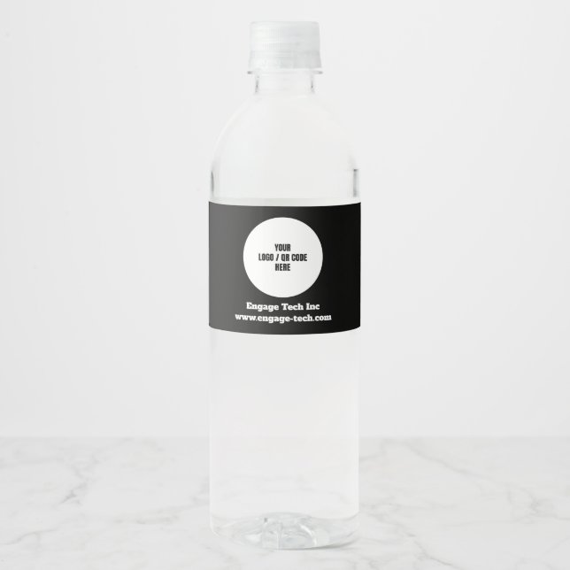 Custom Company Logo | Name | Stylish Black Modern Water Bottle Label (Front)