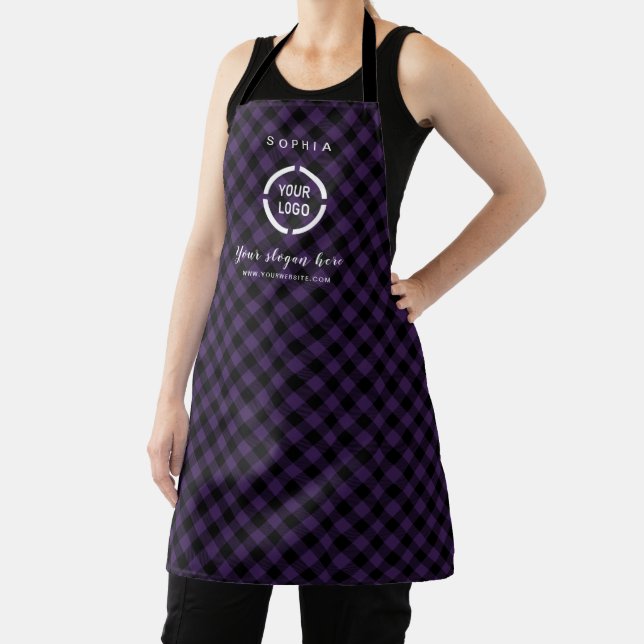 Custom Company Logo Purple Buffalo Plaid Apron (Insitu)