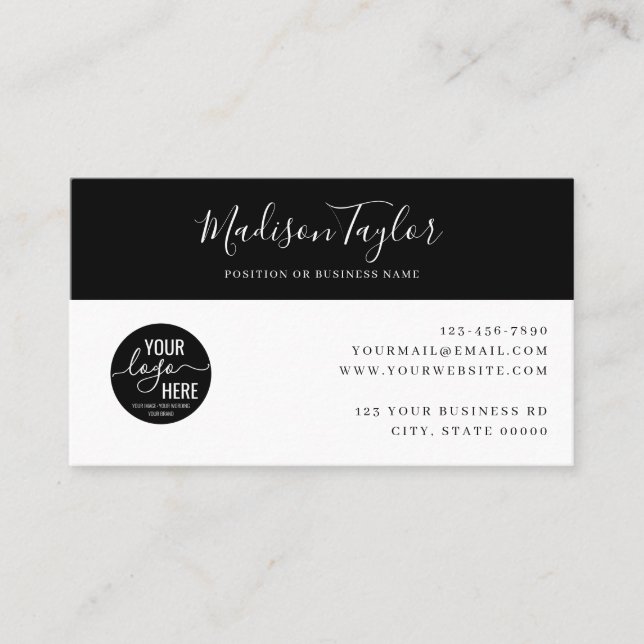 Custom Company Logo QR Code Simple Feminine Black Business Card (Front)