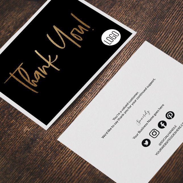 Custom Company Logo Social Faux Gold Black Thank You Card (Creator Uploaded)