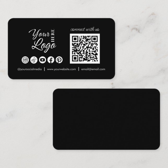 Custom Connect with us Social Media QR Code Black  Business Card (Front/Back)