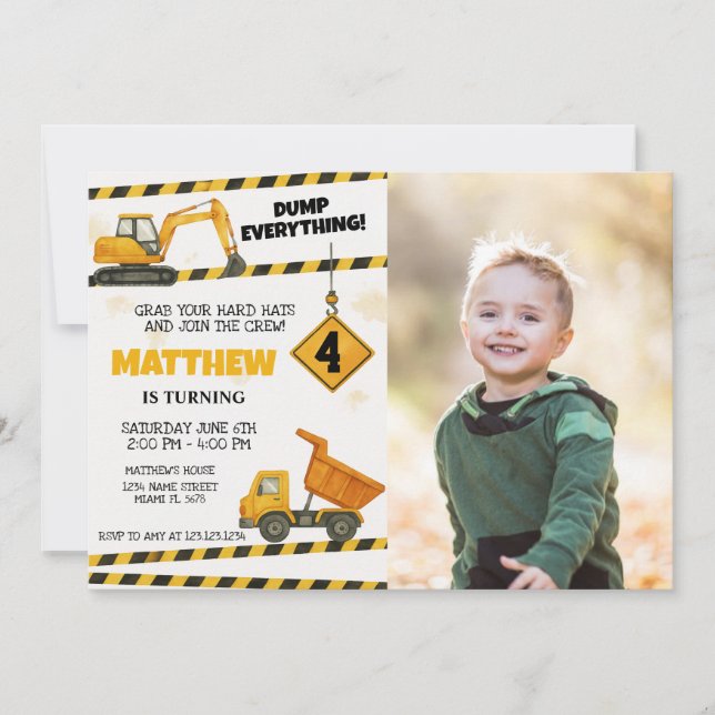 Custom Construction Birthday Invites with photo (Front)