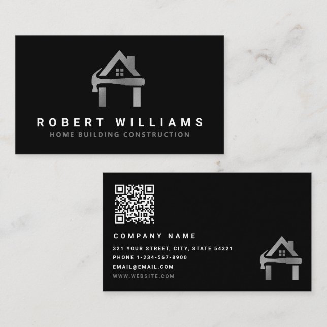 Custom Construction Black Silver Home Building Lux Business Card (Front/Back)