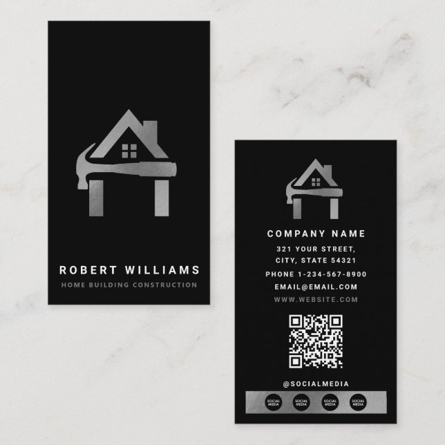 Custom Construction Black Silver Home Building Lux Business Card (Front/Back)