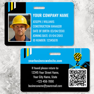 Custom Construction ID Work QR Code Blue Black Badge