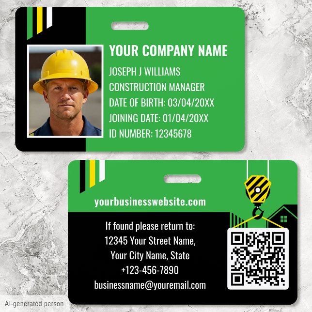 Custom Construction ID Work QR Code Green Black Badge (Creator Uploaded)