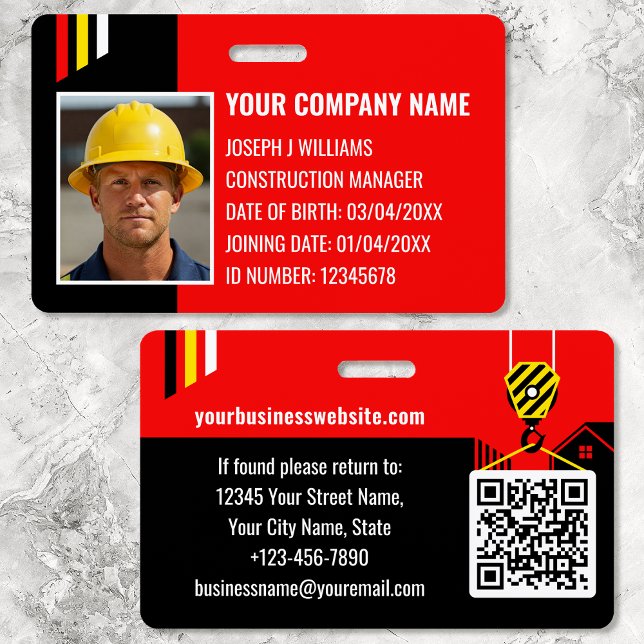Custom Construction ID Work QR Code Red Black ID Badge (Creator Uploaded)