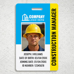 Custom Construction Site ID Logo QR Code Blue ID Badge