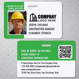 Custom Construction Site ID Logo QR Code Green ID Badge