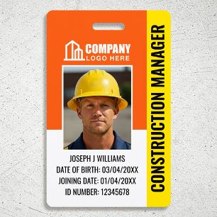 Custom Construction Site ID Logo QR Code Orange ID Badge