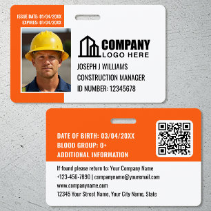 Custom Construction Site ID Logo QR Code Orange ID Badge