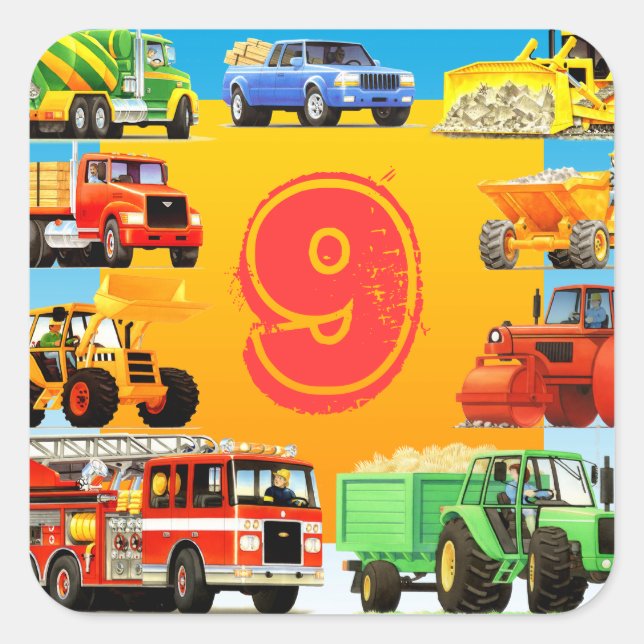 Custom Construction Truck 9th Birthday Party Favou Square Sticker (Front)