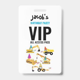 Custom Construction Trucks Birthday Party Pass  ID Badge