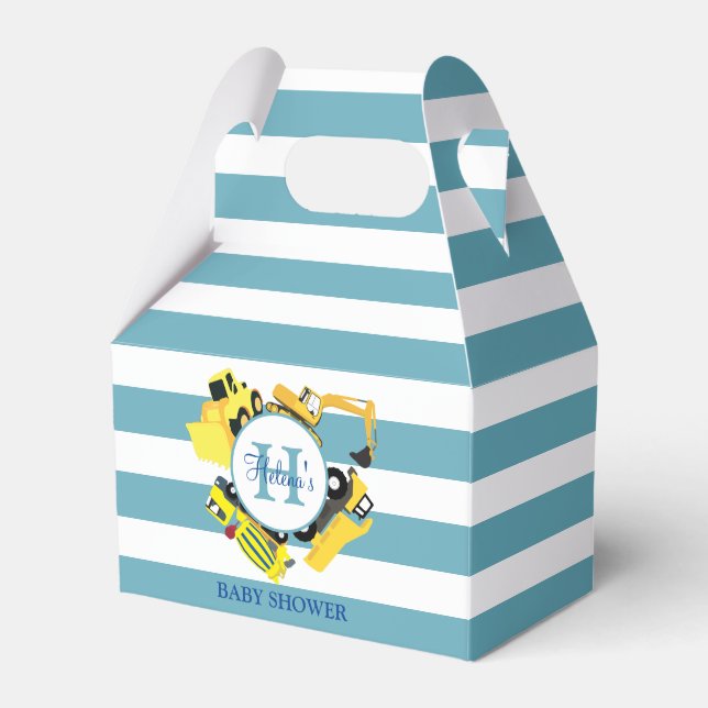 Custom Construction Trucks Blue Stripe Baby Shower Favour Box (Front Side)