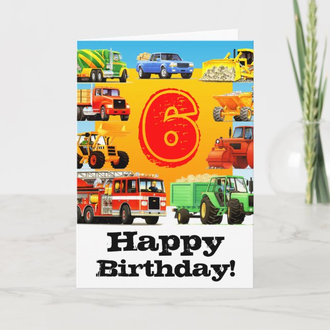 Custom Construction Trucks Boy's 6th Birthday Card (Front)