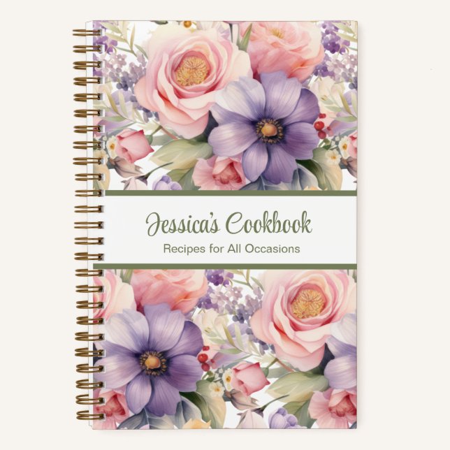 Custom Cookbook Pink Flowers Recipes Notebook (Front)