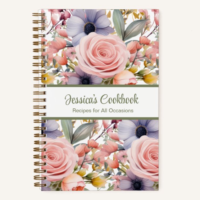 Custom Cookbook Pink Flowers Recipes Notebook (Front)