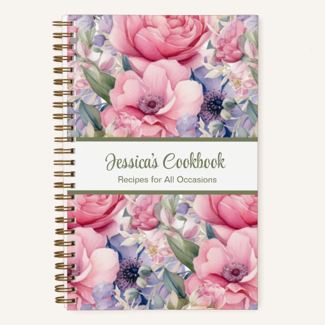Custom Cookbook Pink Flowers Recipes Notebook (Front)
