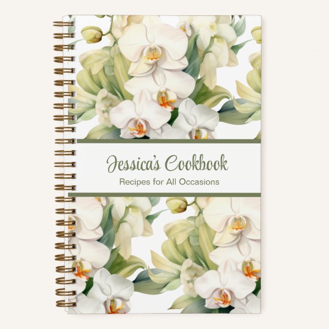 Custom Cookbook White Orchids Recipes Notebook (Front)