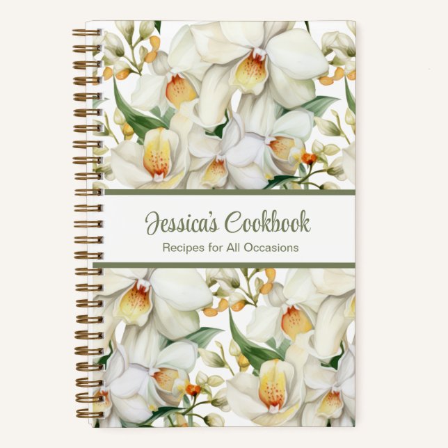 Custom Cookbook White Orchids Recipes Notebook (Front)