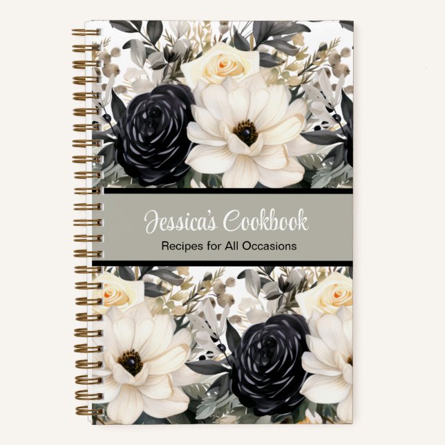 Custom Cookbook with B&W Flowers Notebook (Front)