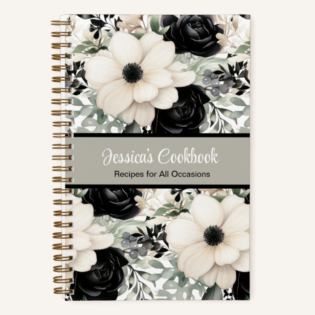 Custom Cookbook with B&W Flowers Notebook (Front)