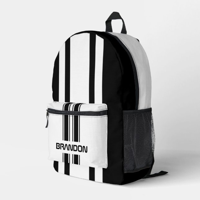 Custom Cool Black And White Auto Race Sport Stripe Printed Backpack (Back Corner Right)