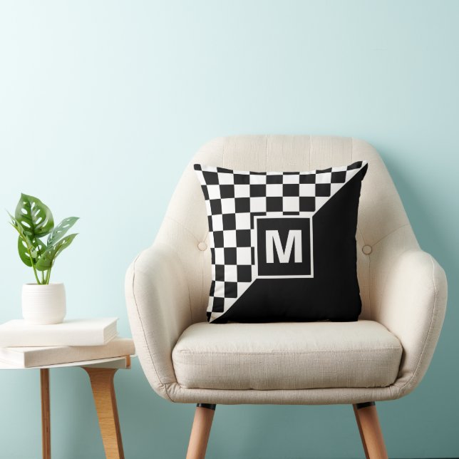 Custom Cool Black And White Chequered Flag Pattern Cushion (Chair)