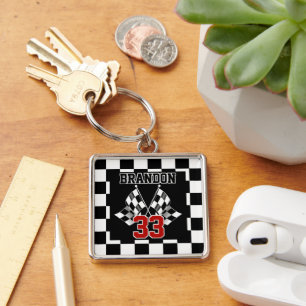 Custom Cool Black And White Chequered Flag Pattern Key Ring