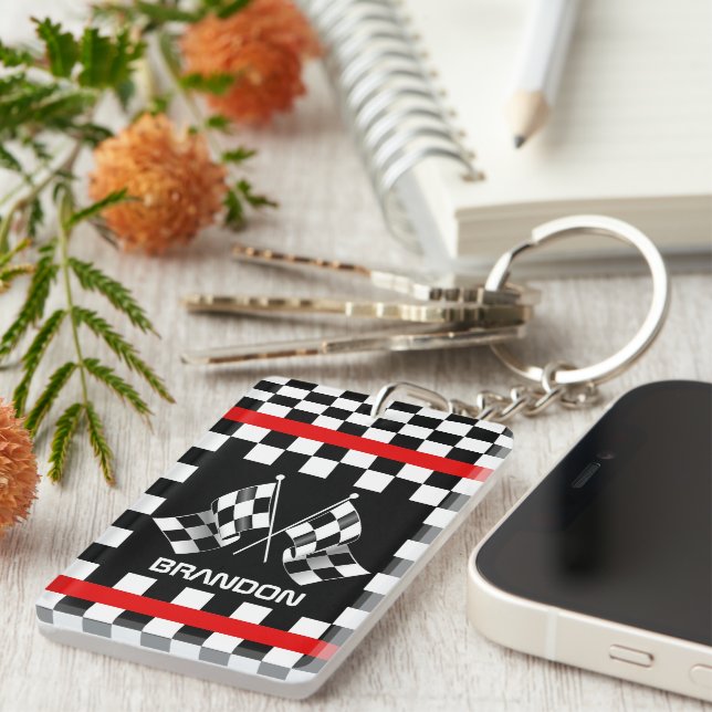 Custom Cool Black And White Chequered Flag Pattern Key Ring (Front Right)