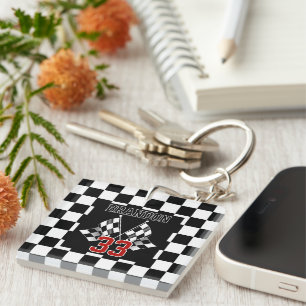 Custom Cool Black And White Chequered Flag Pattern Key Ring