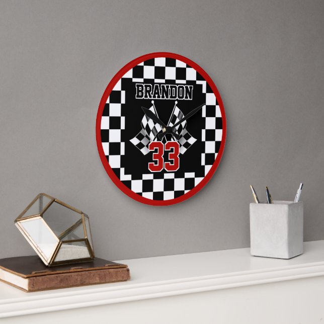 Custom Cool Black And White Chequered Flag Pattern Large Clock (Office)